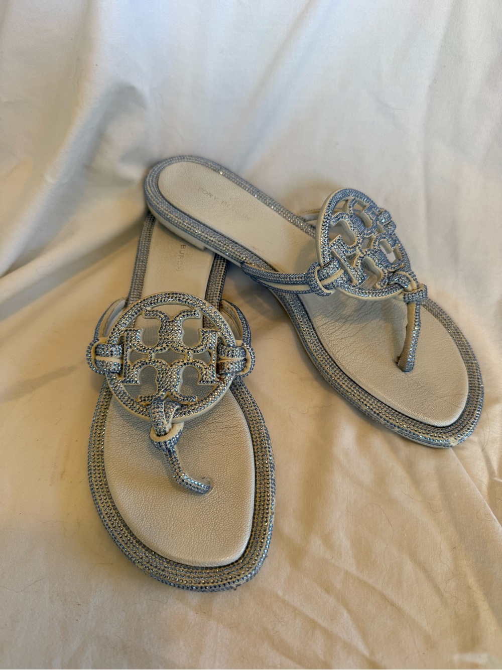 Tory Burch Light Blue rhinestone sparkling Logo Thong Sandals
